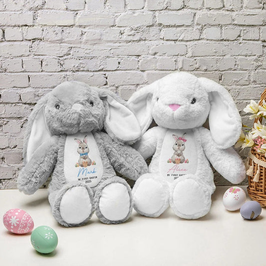 Personalised My First Easter Egg Basket Stuffed Plush Rabbit Bunny Toy with Name and Year Easter Birthday Gift for Kids