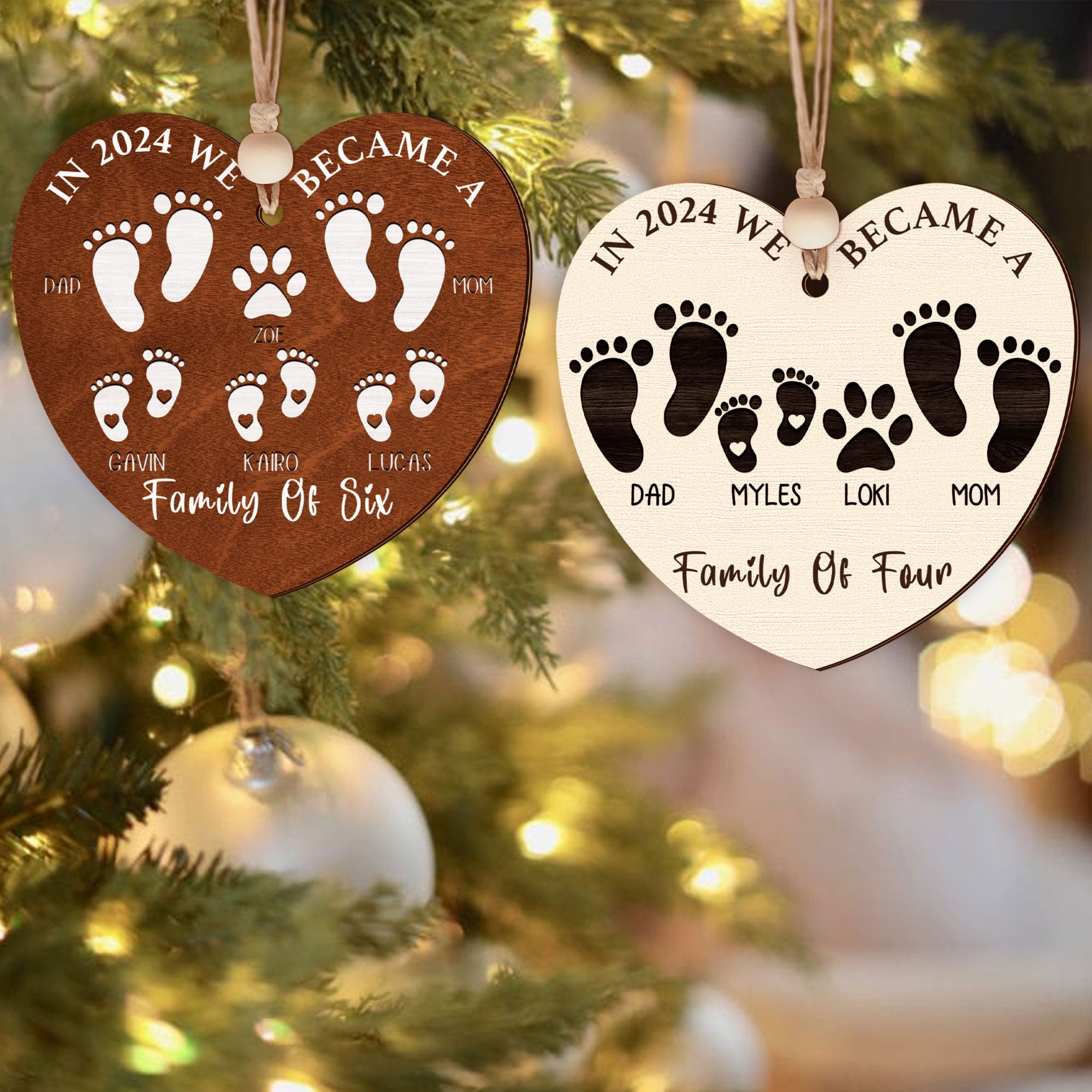 First Christmas As A Family Of Four Footprints, Personalized Custom Shaped Wooden Ornament CF701