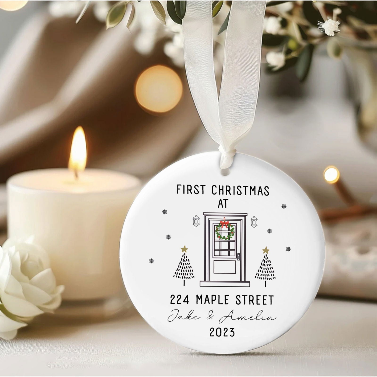 First Christmas in Our New Home White Christmas Ornament, Theme Ceramic Round Shaped Sign Plaque Ornament Keepsake, Gift for Family Friends, Celebarting New House CX03-5 - Kindlytoys