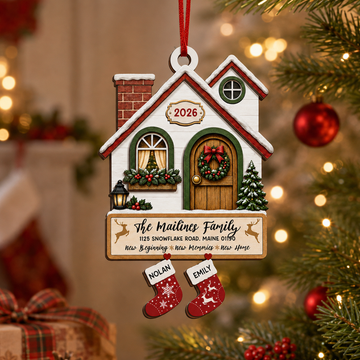 Personalized New Home Christmas Ornament 2026, Custom Family Name Wood House Ornament With Stockings, Housewarming Keepsake Gift CF020