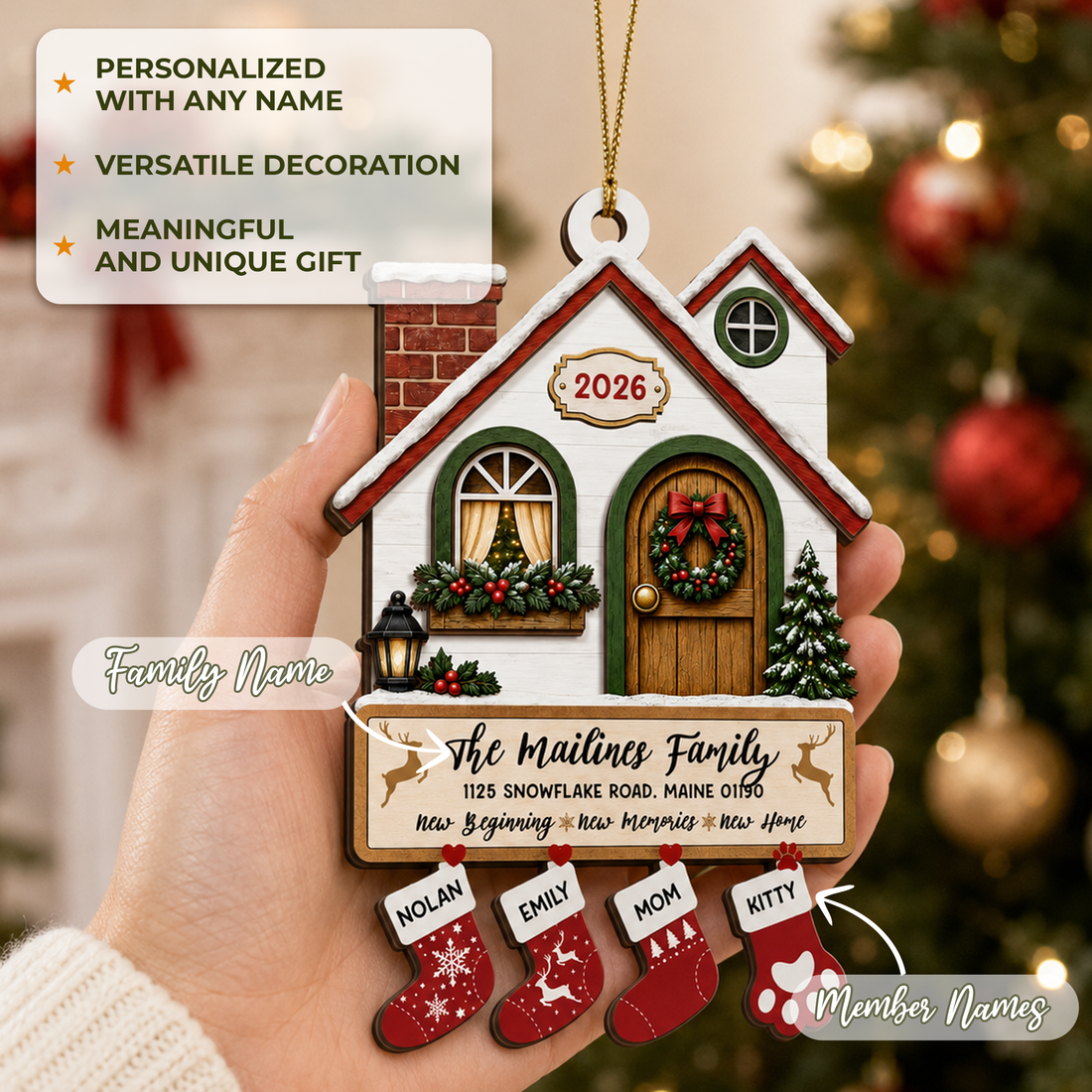 Personalized New Home Christmas Ornament 2026, Custom Family Name Wood House Ornament With Stockings, Housewarming Keepsake Gift CF020