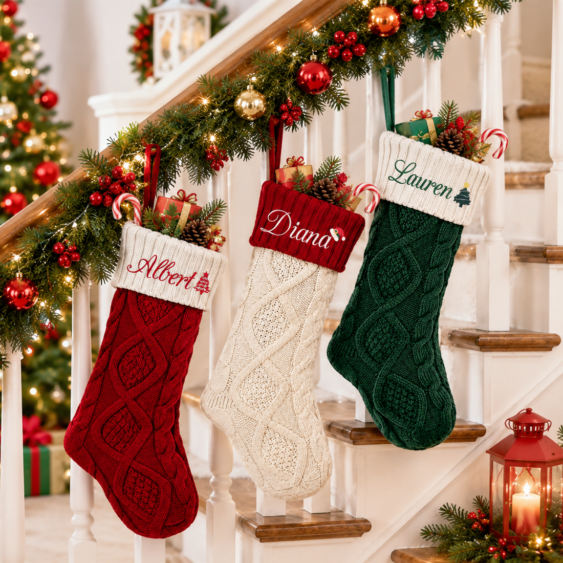 Personalized Christmas Stocking With Embroidered Name, Custom Knitted Stocking, Family Holiday Stocking Gift KH09