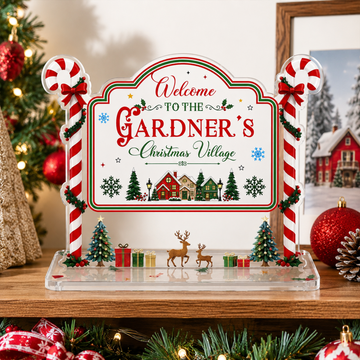 Personalized Christmas Village Sign, Custom Name Candy Cane Acrylic Sign, Holiday Mantel Decor, Christmas Gift AT64