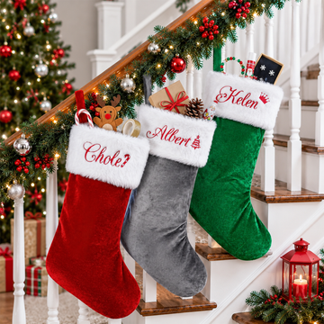 Personalized Embroidered Christmas Stocking, Custom Name Velvet Stocking With White Plush Cuff, Family Holiday Stocking Gift KH07