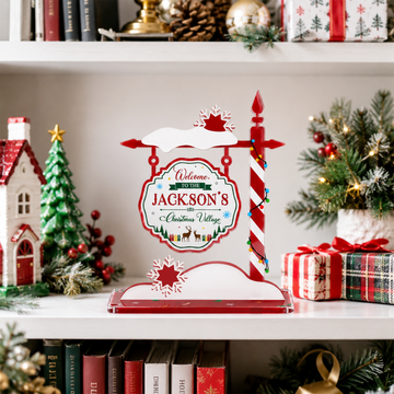 Personalized Christmas Village Sign, Custom Name Snowy Hanging Street Sign Style Acrylic Decor, Red Base Holiday Shelf Decoration, Christmas Gift AT62