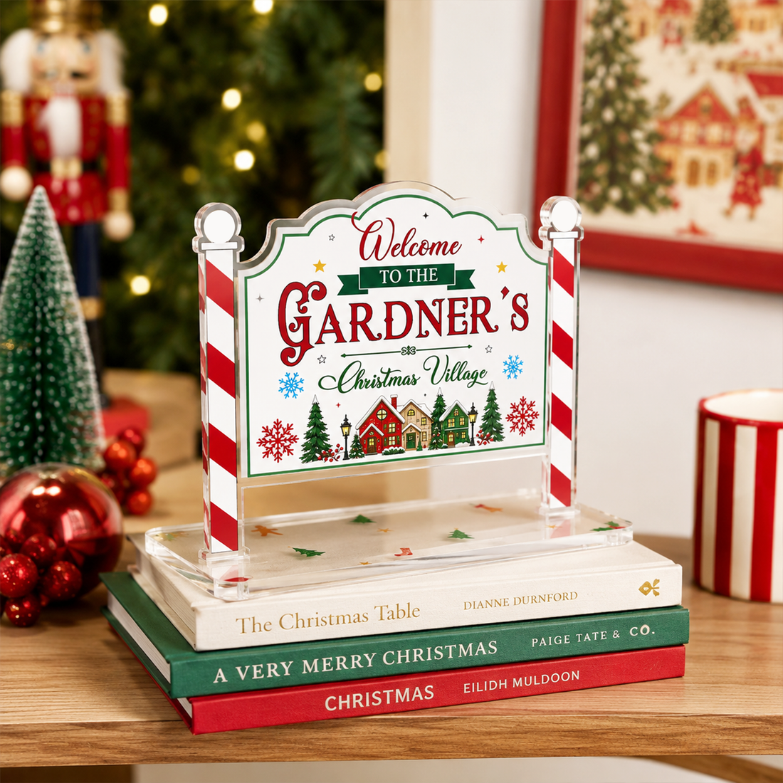Personalized Christmas Village Sign, Custom Name Vintage Lamp Post Acrylic Sign, Holiday Mantel Decor, Christmas Gift AT65
