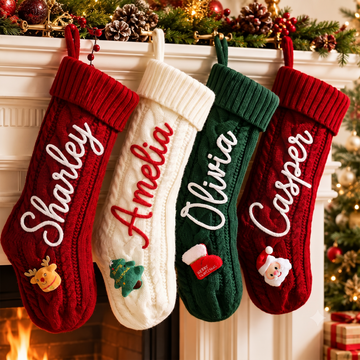 Personalized Cable Knit Christmas Stocking, Custom Name Knitted Stocking With Yarn Lettering, Family Holiday Stocking Gift KH05