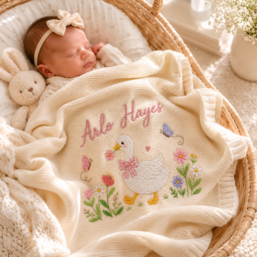 Personalized Goose Baby Blanket With Name, Custom Embroidered Floral Knit Blanket, Baby Shower Gift, Newborn Gift NB09