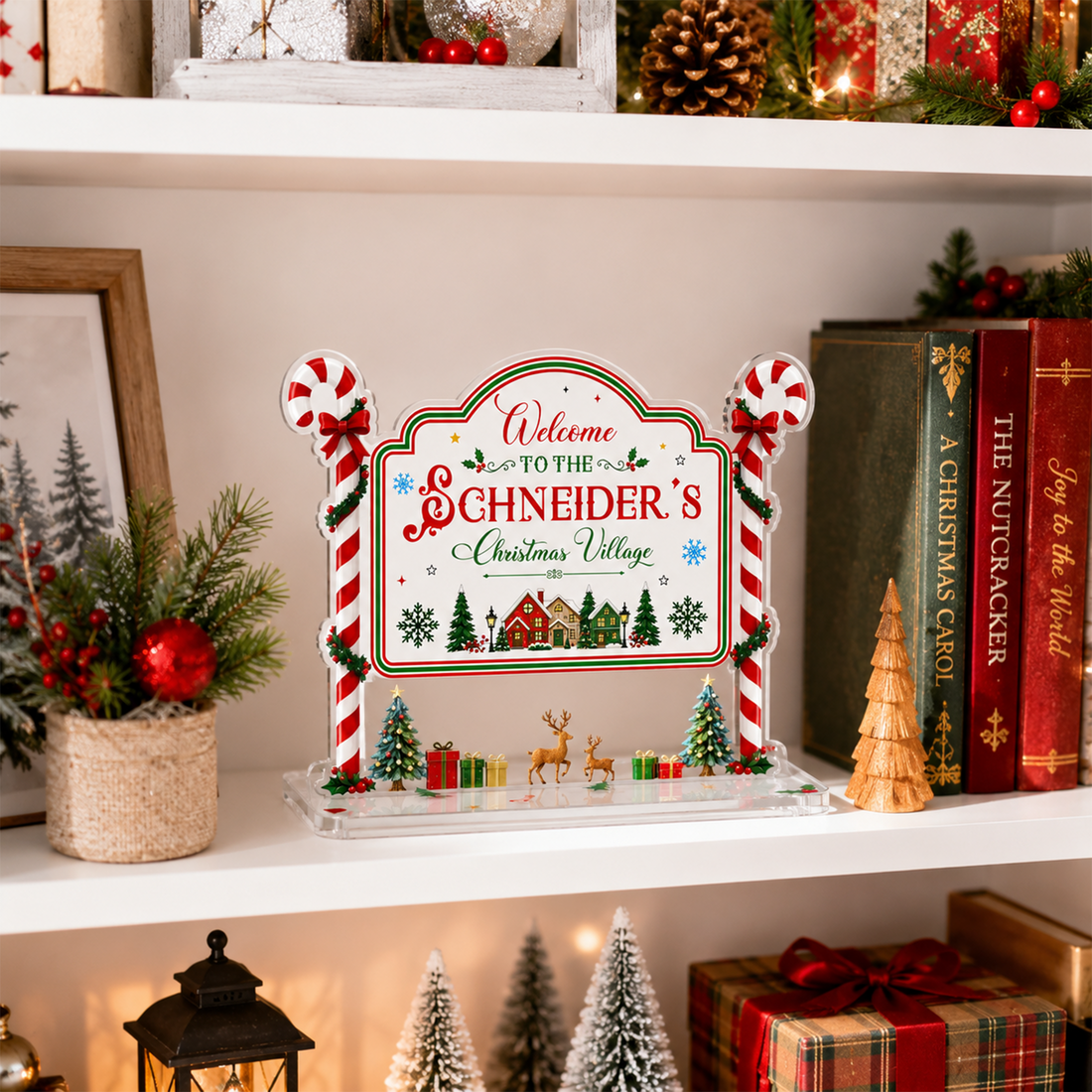 Personalized Christmas Village Sign, Custom Name Candy Cane Acrylic Sign, Holiday Mantel Decor, Christmas Gift AT64