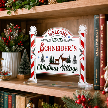 Personalized Christmas Village Sign, Custom Family Name Acrylic Christmas Sign, Candy Cane Post Holiday Mantel Decor, Christmas Gift AT60