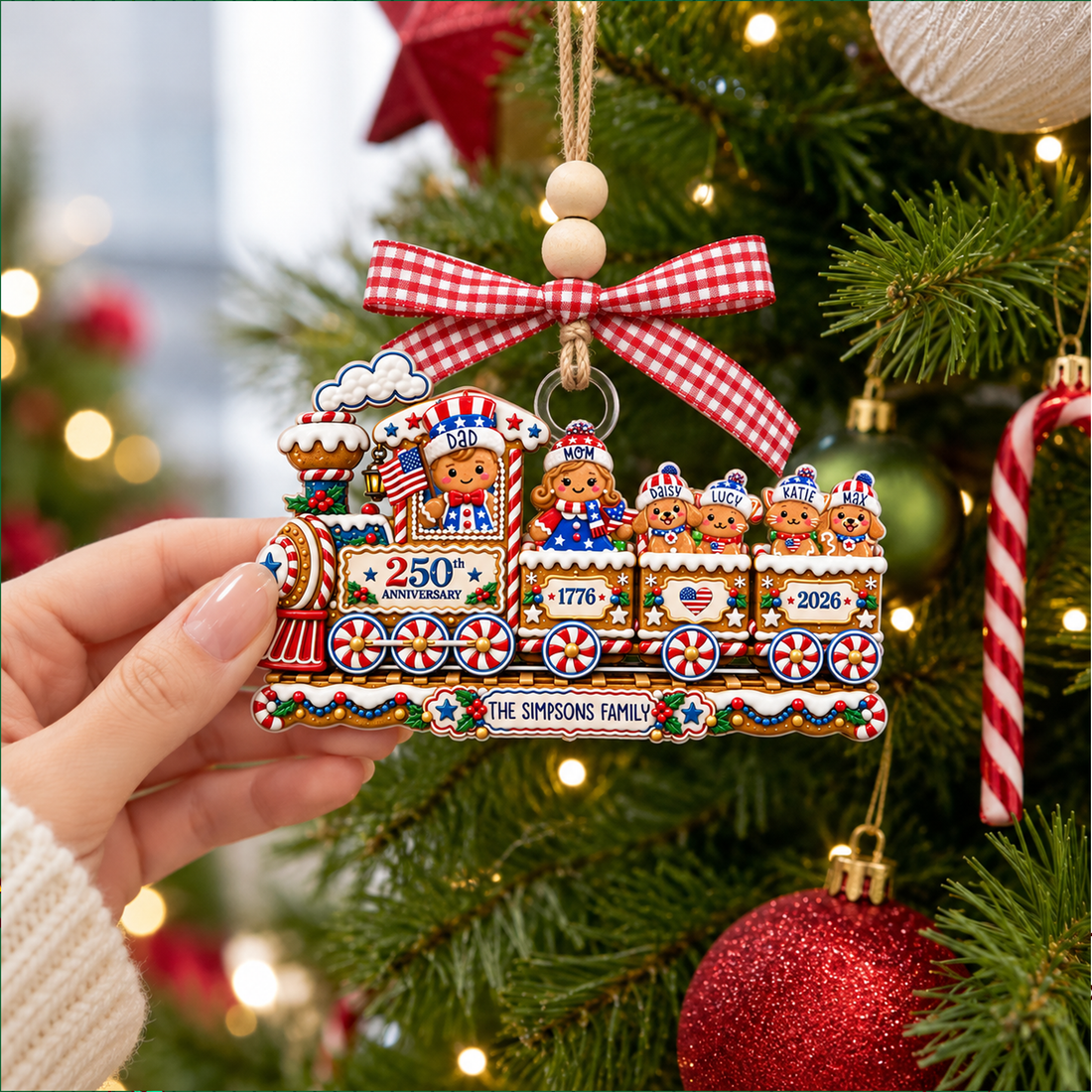 Personalized Gingerbread Train Family Ornament, Custom Name 2026 Christmas Ornament, Patriotic 250th Anniversary Acrylic Decoration, Family Keepsake Gift CO23