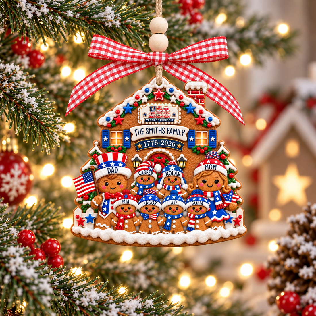Personalized Gingerbread Family Ornament, Custom Name 2026 Christmas Ornament, Patriotic 250th Anniversary Acrylic Gingerbread House Decoration, Family Keepsake Gift CO22