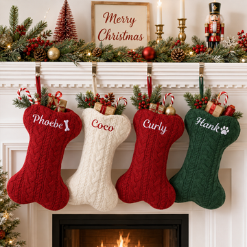 Personalized Embroidered Dog Bone Christmas Stocking, Custom Name Knitted Pet Stocking, Dog And Cat Lover Holiday Gift KH08