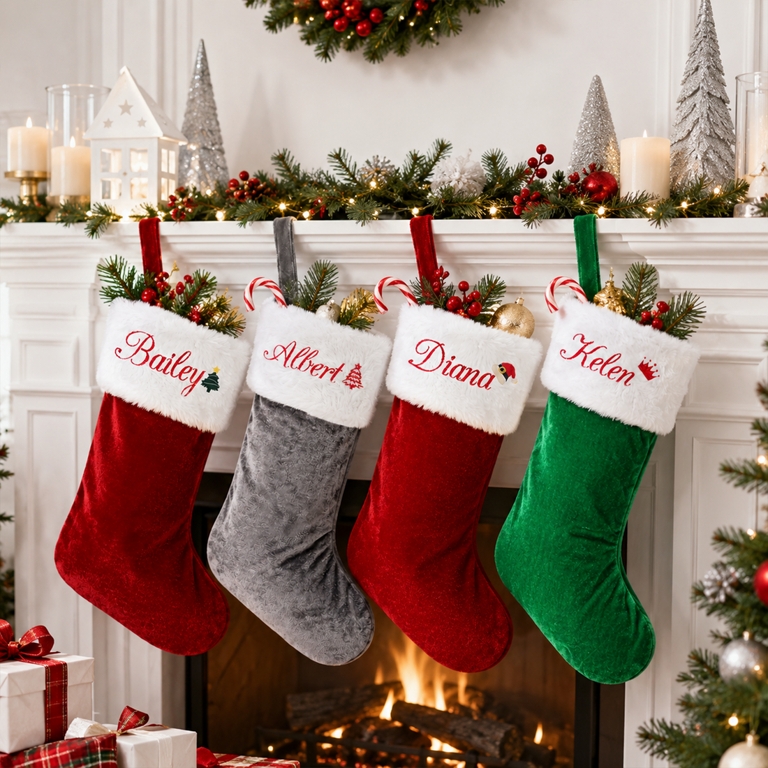 Personalized Embroidered Christmas Stocking, Custom Name Velvet Stocking With White Plush Cuff, Family Holiday Stocking Gift KH07