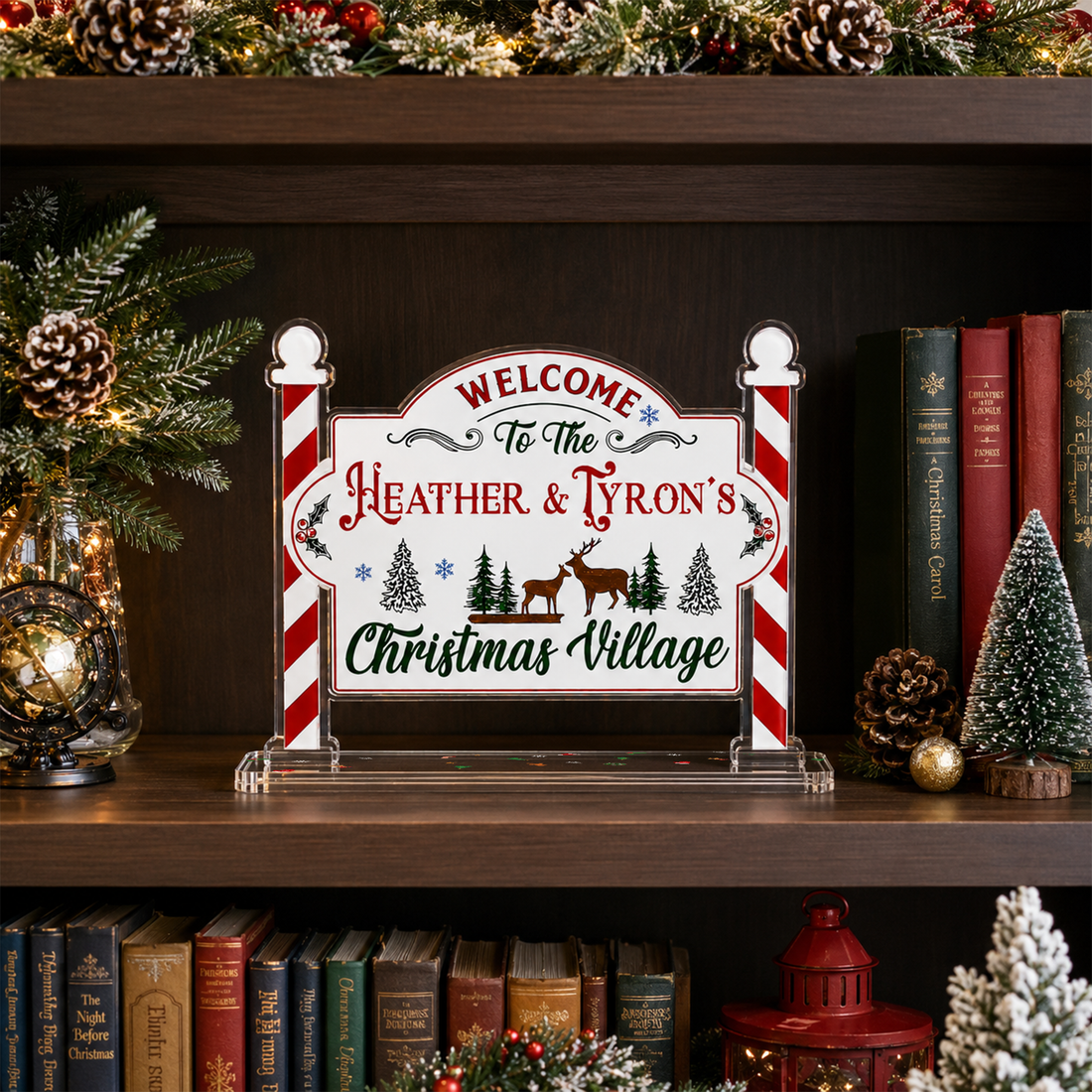 Personalized Christmas Village Sign, Custom Family Name Acrylic Christmas Sign, Candy Cane Post Holiday Mantel Decor, Christmas Gift AT60