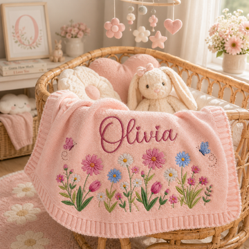 Personalized Floral Baby Blanket With Name, Custom Embroidered Wildflower Knit Blanket, Baby Girl Gift, Baby Shower Gift NB10