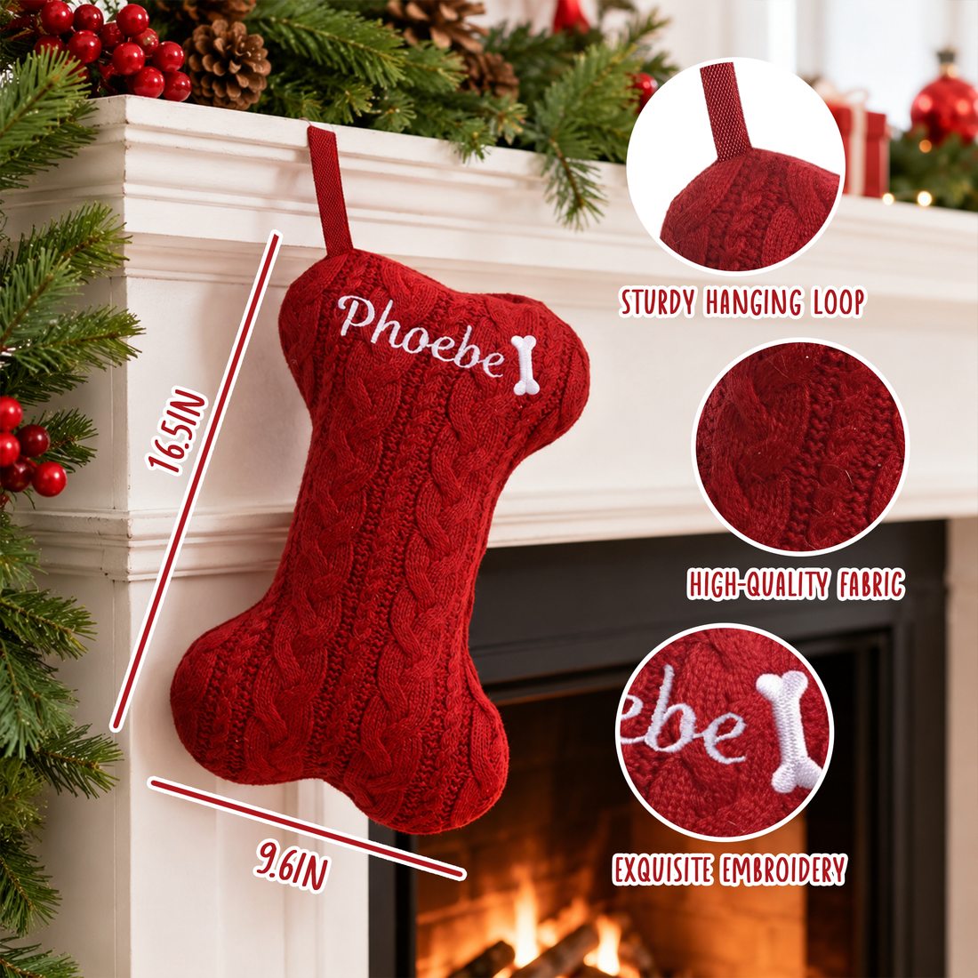 Personalized Embroidered Dog Bone Christmas Stocking, Custom Name Knitted Pet Stocking, Dog And Cat Lover Holiday Gift KH08
