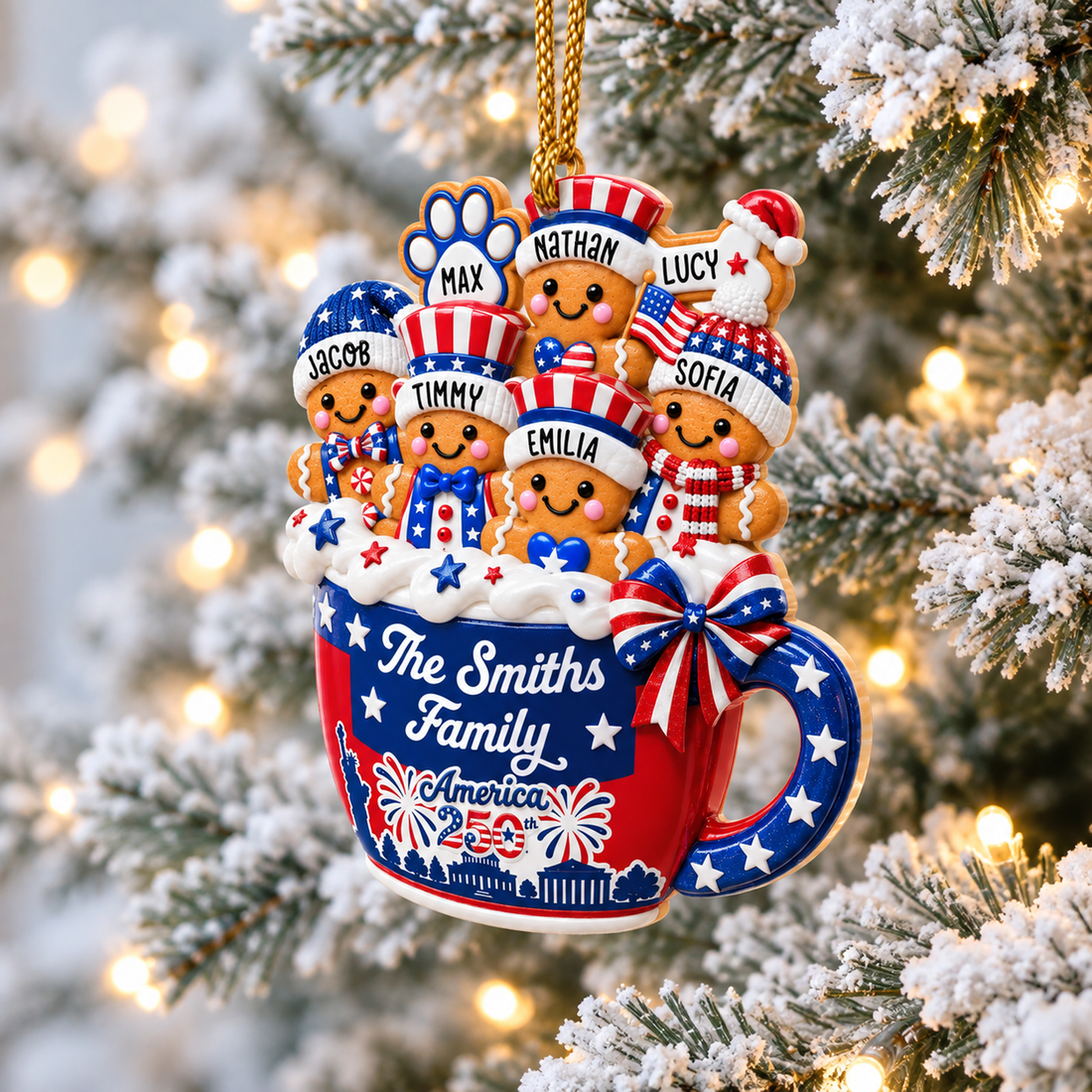 Personalized Patriotic Gingerbread Family Ornament, Custom Name Christmas Ornament, Red White Blue Mug Ornament with Pets, Family Keepsake Gift 2026 (CO15)