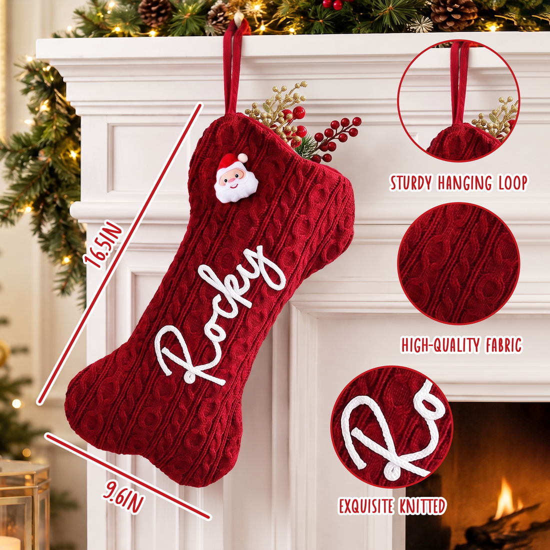 Personalized Dog Christmas Stocking, Custom Name Knitted Pet Stocking With Yarn Lettering, Dog Lover Holiday Gift KH06