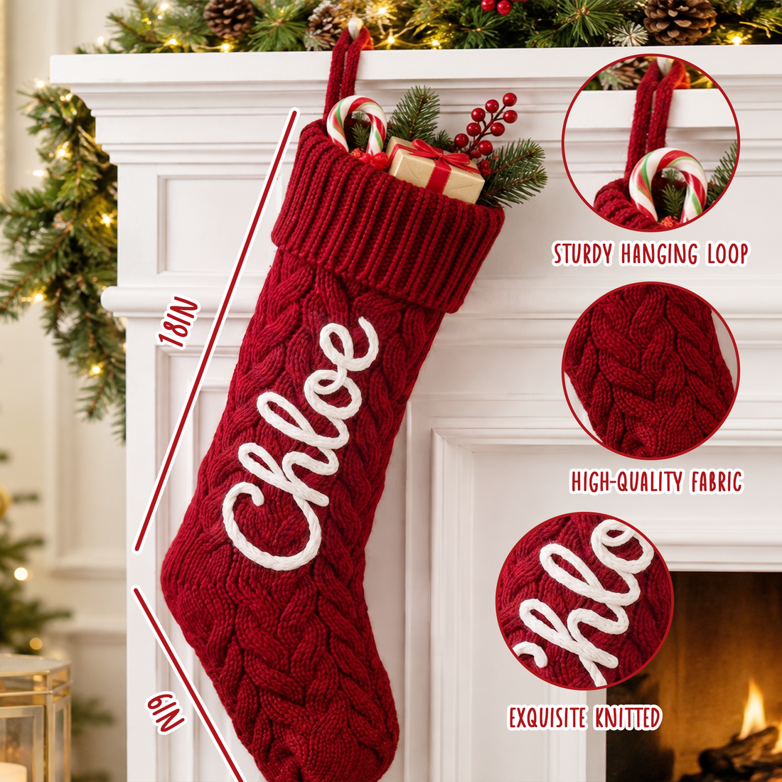 Personalized Cable Knit Christmas Stocking, Custom Name Knitted Stocking With Yarn Lettering, Family Holiday Stocking Gift KH05
