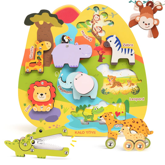 Wooden Safari Animal Sensory Puzzle Toy - Montessori Learning Toy for Toddlers (Ages 1–3)