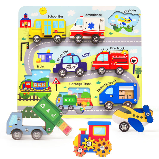 Wooden Vehicle Sensory Puzzle Toy — Montessori Transportation Learning Toy for Toddlers (Ages 1–3)