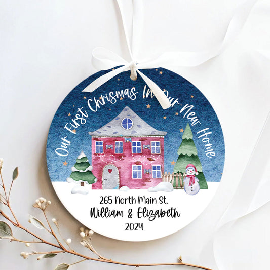 New Home Ornament, Christmas Wreath Ornament, Ceramic New Home Ornament, Personalized First Christmas New Home Ornament, Custom Ceramic Keepsake with Address, Names & Year, 3x3 Inch Christmas Decoration CX02-19 - Kindlytoys