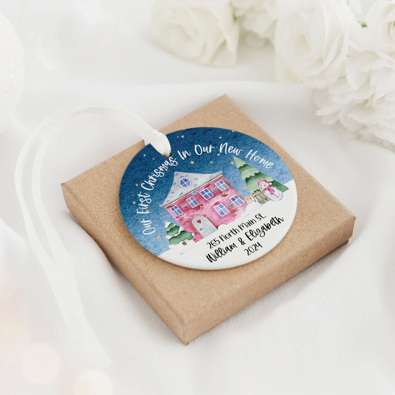 New Home Ornament, Christmas Wreath Ornament, Ceramic New Home Ornament, Personalized First Christmas New Home Ornament, Custom Ceramic Keepsake with Address, Names & Year, 3x3 Inch Christmas Decoration CX02-19 - Kindlytoys