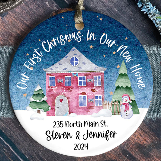 New Home Ornament, Christmas Wreath Ornament, Ceramic New Home Ornament, Personalized First Christmas New Home Ornament, Custom Ceramic Keepsake with Address, Names & Year, 3x3 Inch Christmas Decoration CX02-19 - Kindlytoys