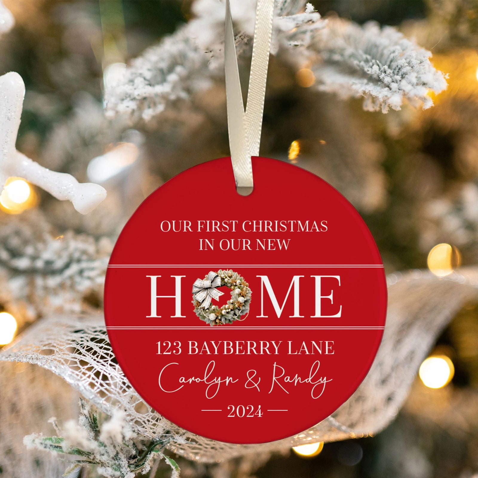 New Home Ornament, Christmas Wreath Ornament, Ceramic New Home Ornament, Personalized First Christmas New Home Ornament, Custom Ceramic Keepsake with Address, Names & Year, 3x3 Inch Christmas Decoration CX02-7 - Kindlytoys