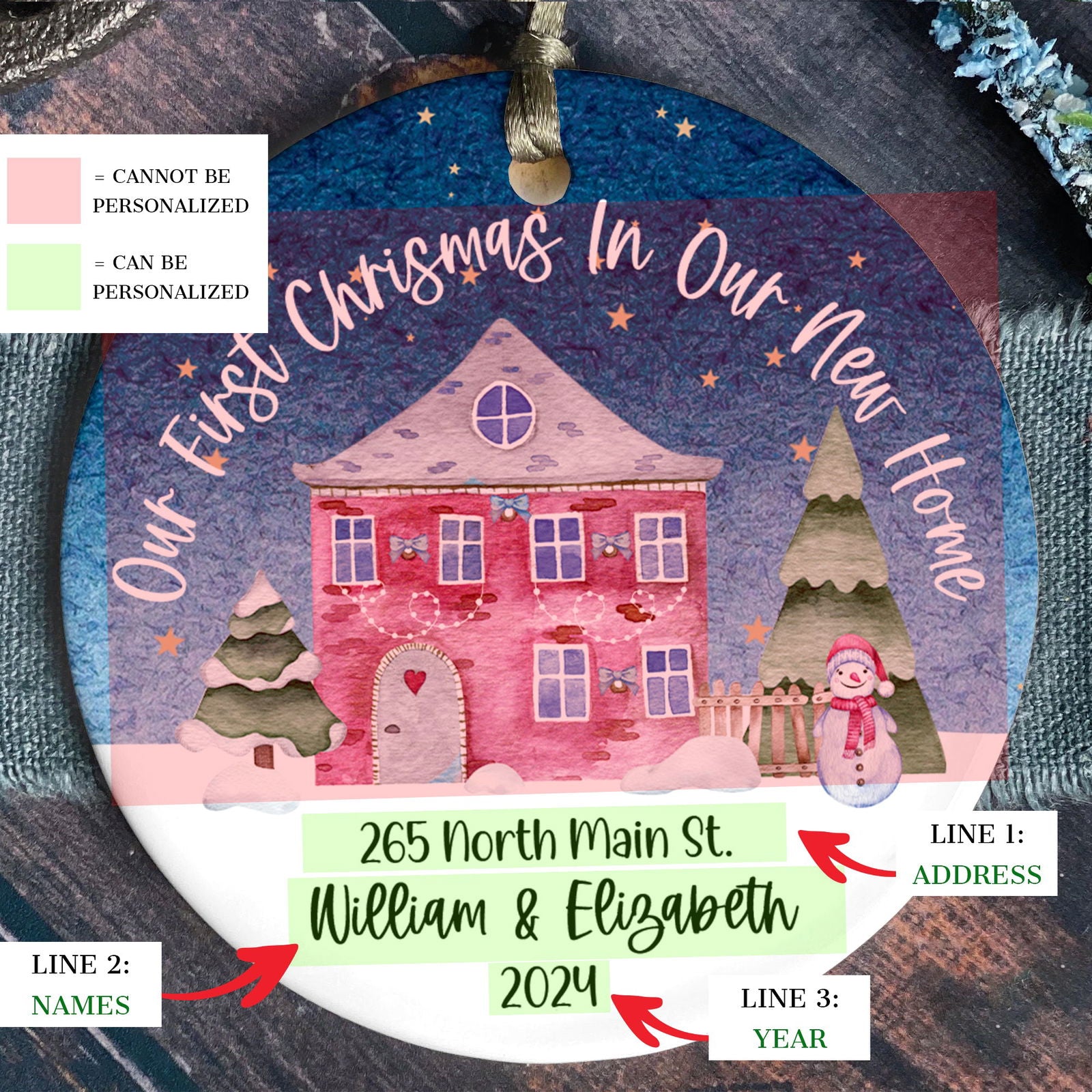 New Home Ornament, Christmas Wreath Ornament, Ceramic New Home Ornament, Personalized First Christmas New Home Ornament, Custom Ceramic Keepsake with Address, Names & Year, 3x3 Inch Christmas Decoration CX02-19 - Kindlytoys