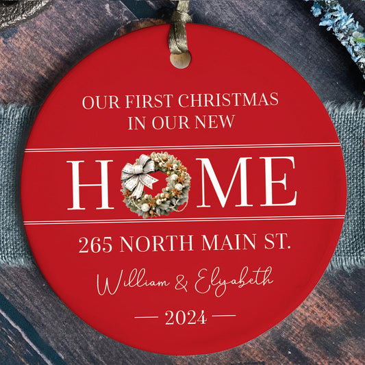 New Home Ornament, Christmas Wreath Ornament, Ceramic New Home Ornament, Personalized First Christmas New Home Ornament, Custom Ceramic Keepsake with Address, Names & Year, 3x3 Inch Christmas Decoration CX02-7 - Kindlytoys
