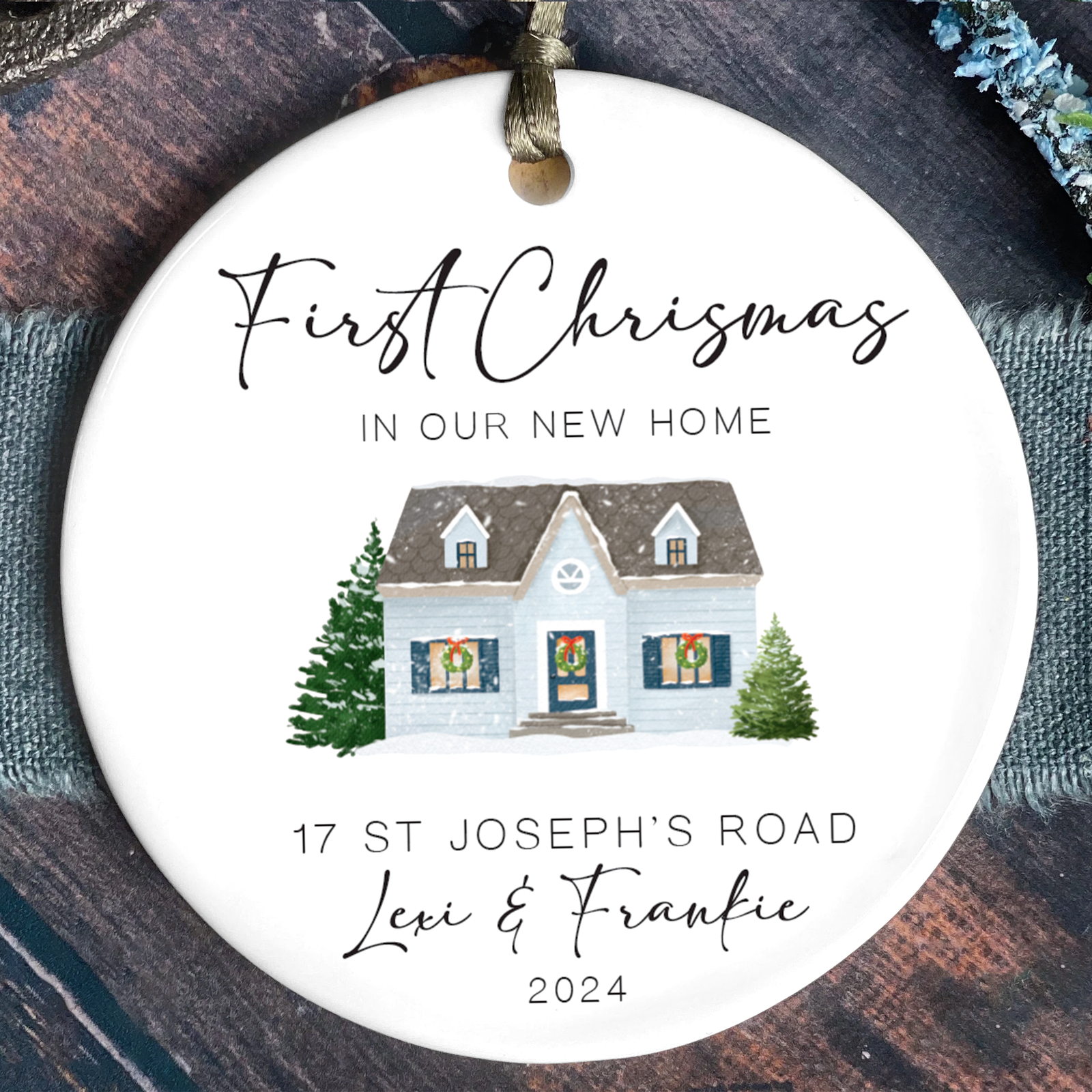 New Home Ornament, Christmas Wreath Ornament, Ceramic New Home Ornament, Personalized First Christmas New Home Ornament, Custom Ceramic Keepsake with Address, Names & Year, 3x3 Inch Christmas Decoration CX02-15 - Kindlytoys