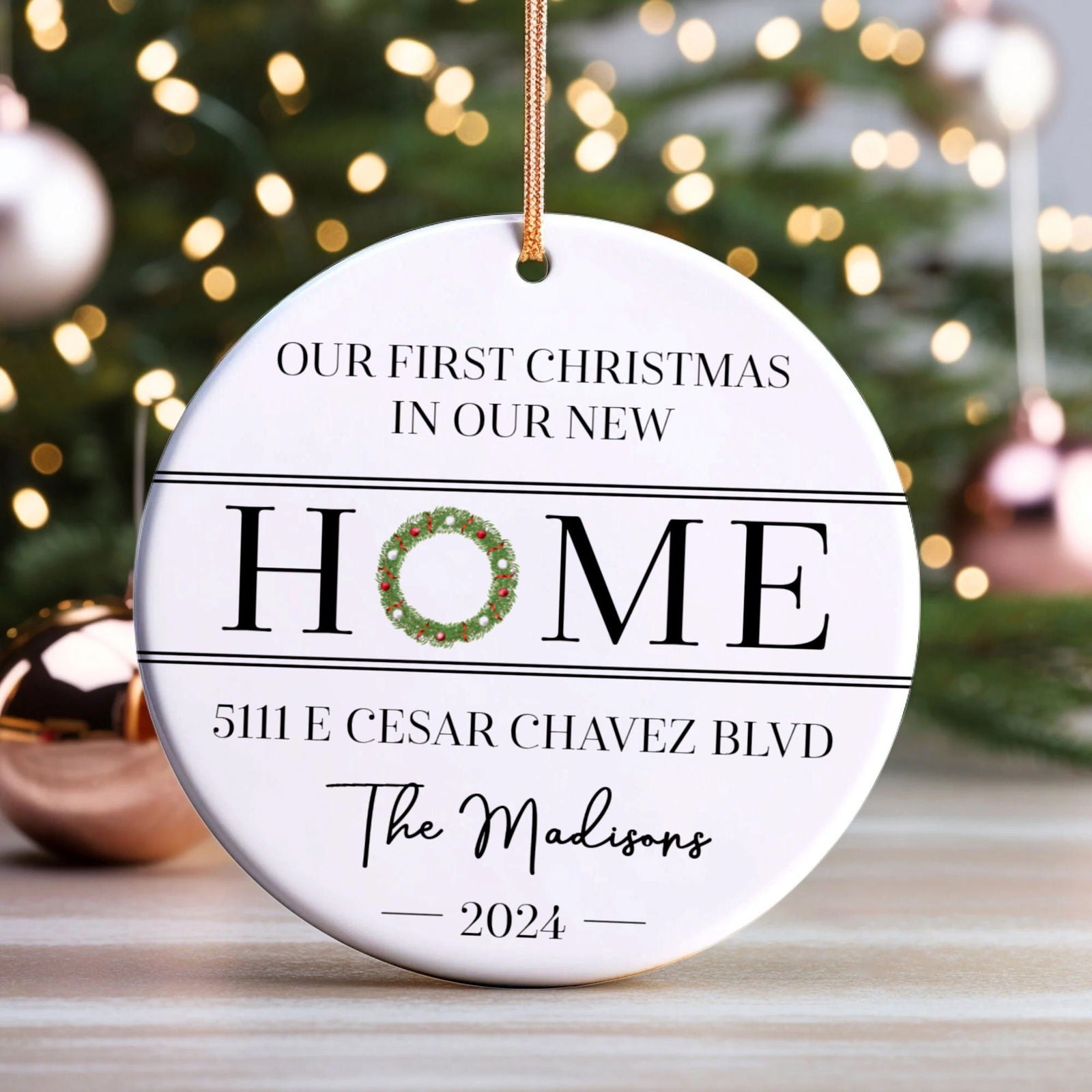 New Home Ornament, Christmas Wreath Ornament, Ceramic New Home Ornament, Personalized First Christmas New Home Ornament, Custom Ceramic Keepsake with Address, Names & Year, 3x3 Inch Christmas Decoration CX02-6 - Kindlytoys