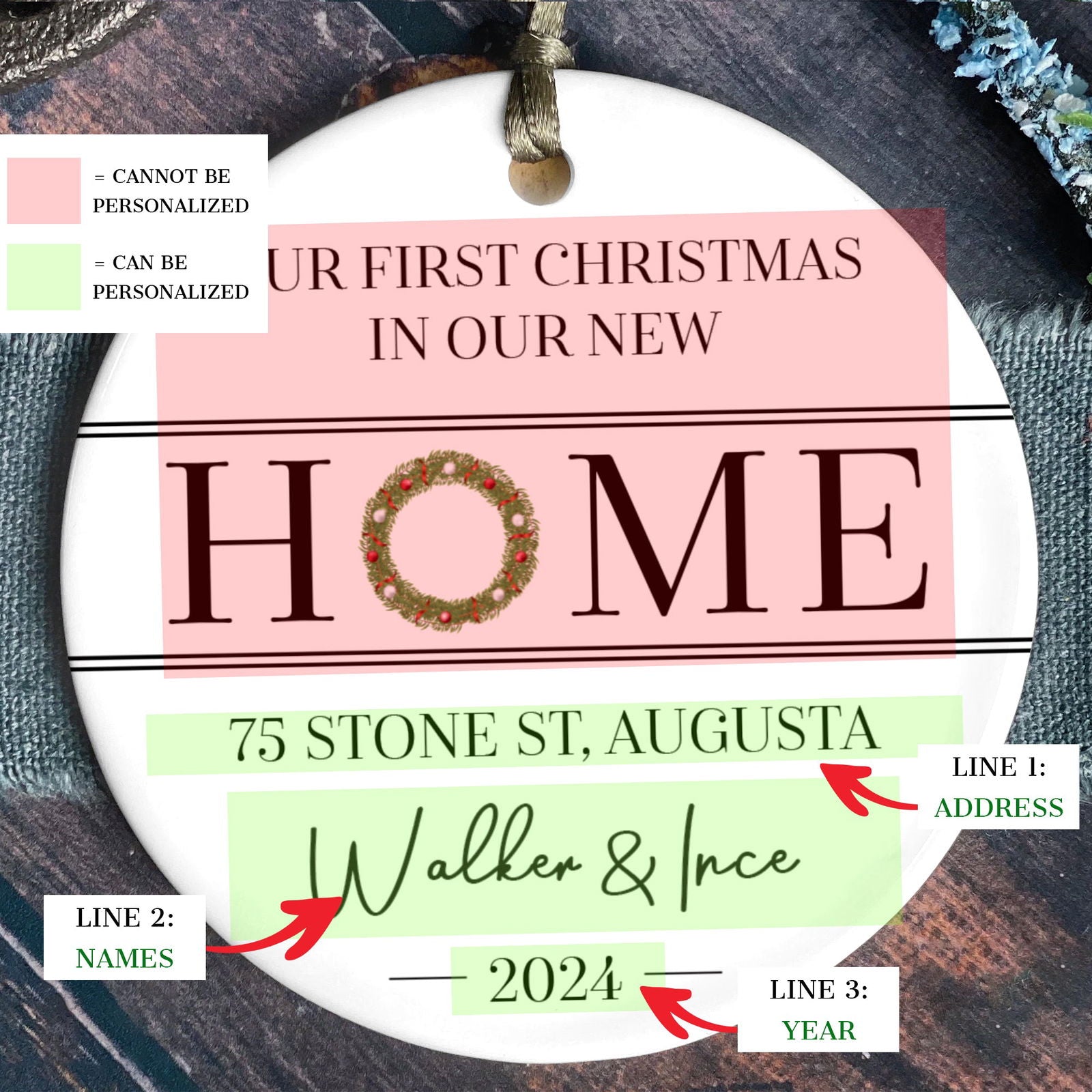 New Home Ornament, Christmas Wreath Ornament, Ceramic New Home Ornament, Personalized First Christmas New Home Ornament, Custom Ceramic Keepsake with Address, Names & Year, 3x3 Inch Christmas Decoration CX02-6 - Kindlytoys