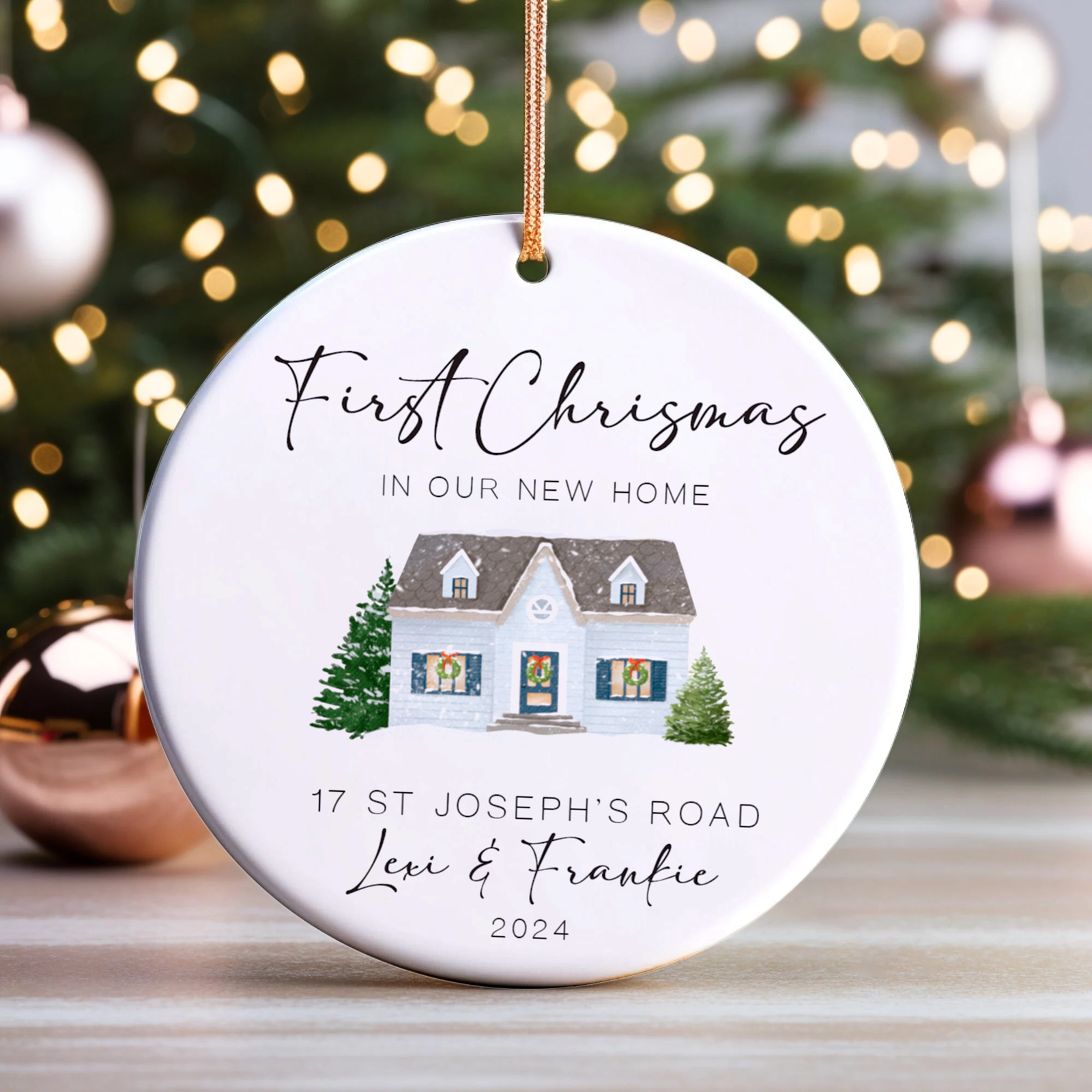 New Home Ornament, Christmas Wreath Ornament, Ceramic New Home Ornament, Personalized First Christmas New Home Ornament, Custom Ceramic Keepsake with Address, Names & Year, 3x3 Inch Christmas Decoration CX02-15 - Kindlytoys
