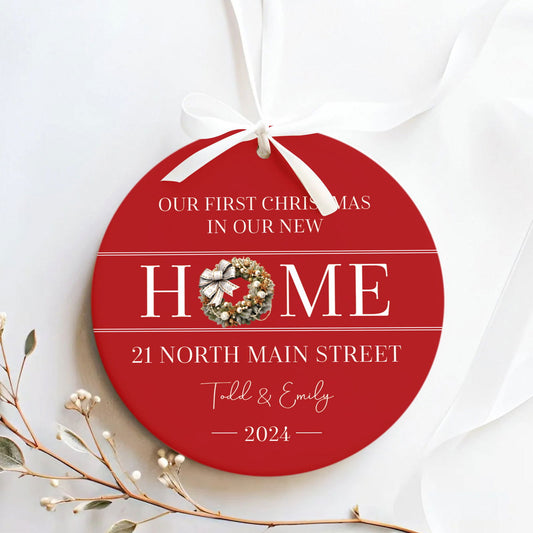 New Home Ornament, Christmas Wreath Ornament, Ceramic New Home Ornament, Personalized First Christmas New Home Ornament, Custom Ceramic Keepsake with Address, Names & Year, 3x3 Inch Christmas Decoration CX02-7 - Kindlytoys