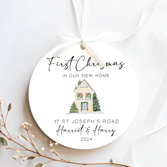 New Home Ornament, Christmas Wreath Ornament, Ceramic New Home Ornament, Personalized First Christmas New Home Ornament, Custom Ceramic Keepsake with Address, Names & Year, 3x3 Inch Christmas Decoration CX02-14 - Kindlytoys