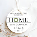 New Home Ornament, Christmas Wreath Ornament, Ceramic New Home Ornament, Personalized First Christmas New Home Ornament, Custom Ceramic Keepsake with Address, Names & Year, 3x3 Inch Christmas Decoration CX02-6 - Kindlytoys