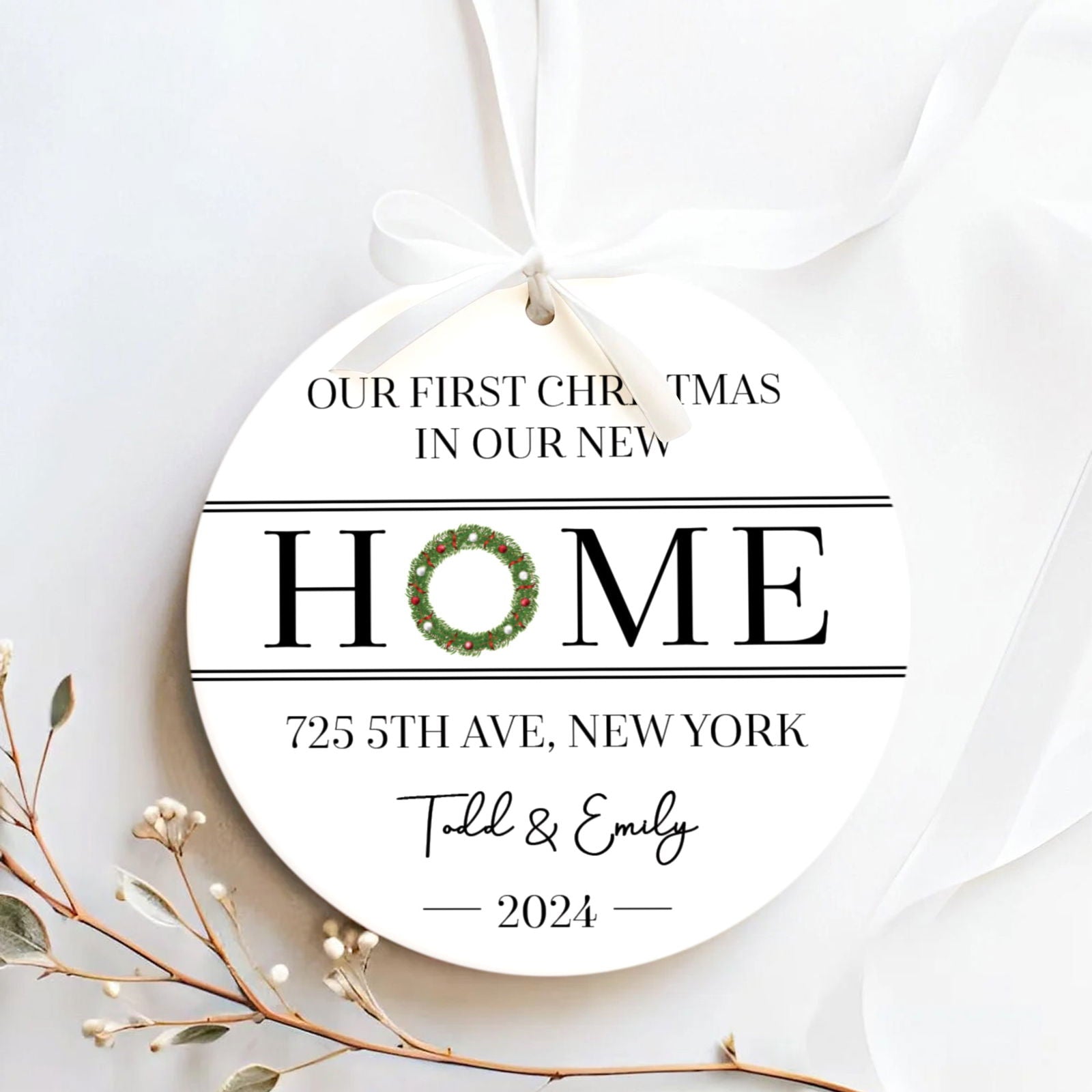 New Home Ornament, Christmas Wreath Ornament, Ceramic New Home Ornament, Personalized First Christmas New Home Ornament, Custom Ceramic Keepsake with Address, Names & Year, 3x3 Inch Christmas Decoration CX02-6 - Kindlytoys