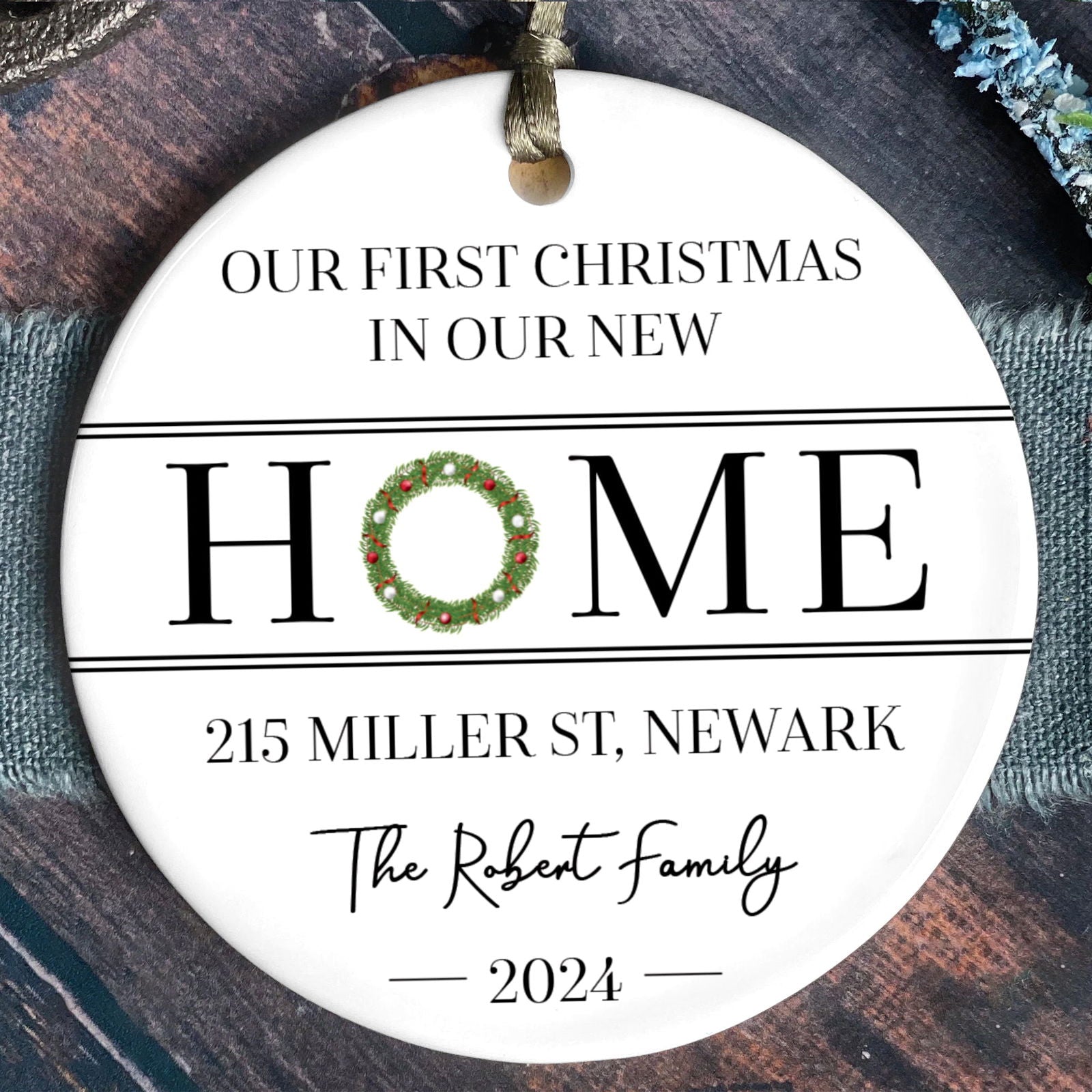 New Home Ornament, Christmas Wreath Ornament, Ceramic New Home Ornament, Personalized First Christmas New Home Ornament, Custom Ceramic Keepsake with Address, Names & Year, 3x3 Inch Christmas Decoration CX02-6 - Kindlytoys