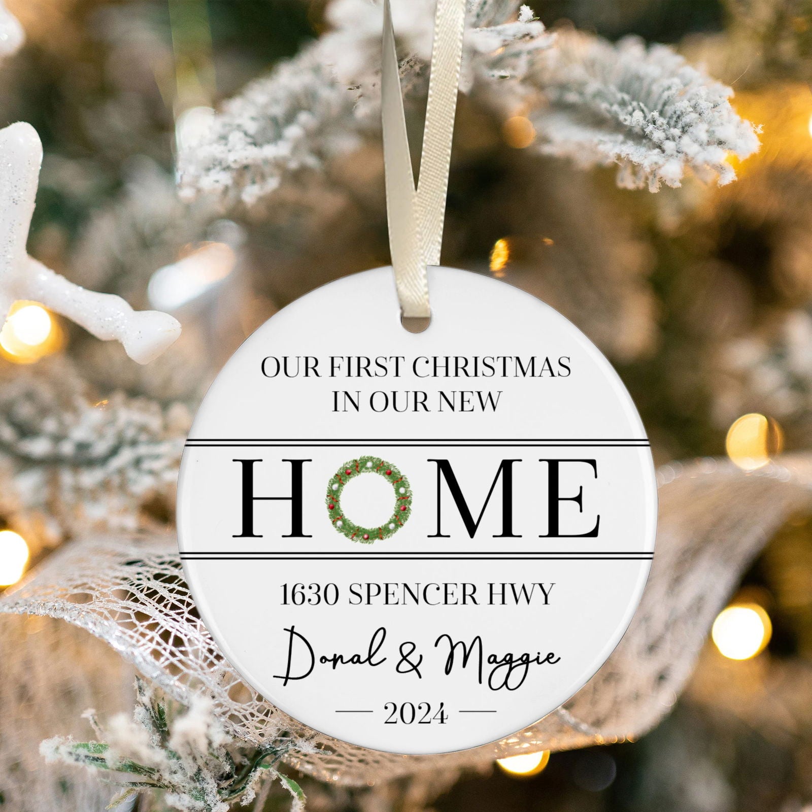 New Home Ornament, Christmas Wreath Ornament, Ceramic New Home Ornament, Personalized First Christmas New Home Ornament, Custom Ceramic Keepsake with Address, Names & Year, 3x3 Inch Christmas Decoration CX02-6 - Kindlytoys