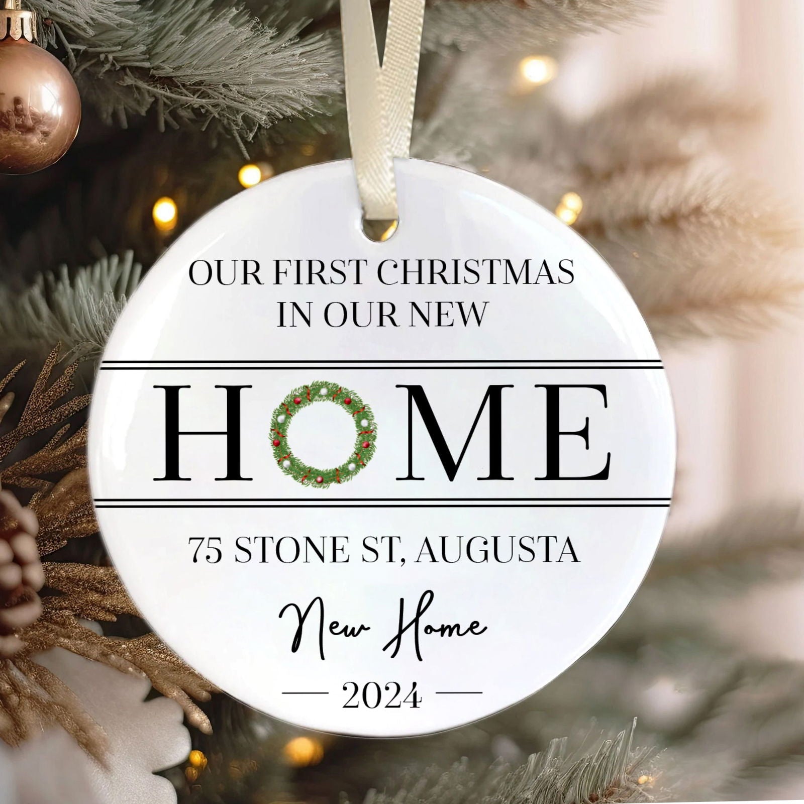 New Home Ornament, Christmas Wreath Ornament, Ceramic New Home Ornament, Personalized First Christmas New Home Ornament, Custom Ceramic Keepsake with Address, Names & Year, 3x3 Inch Christmas Decoration CX02-6 - Kindlytoys