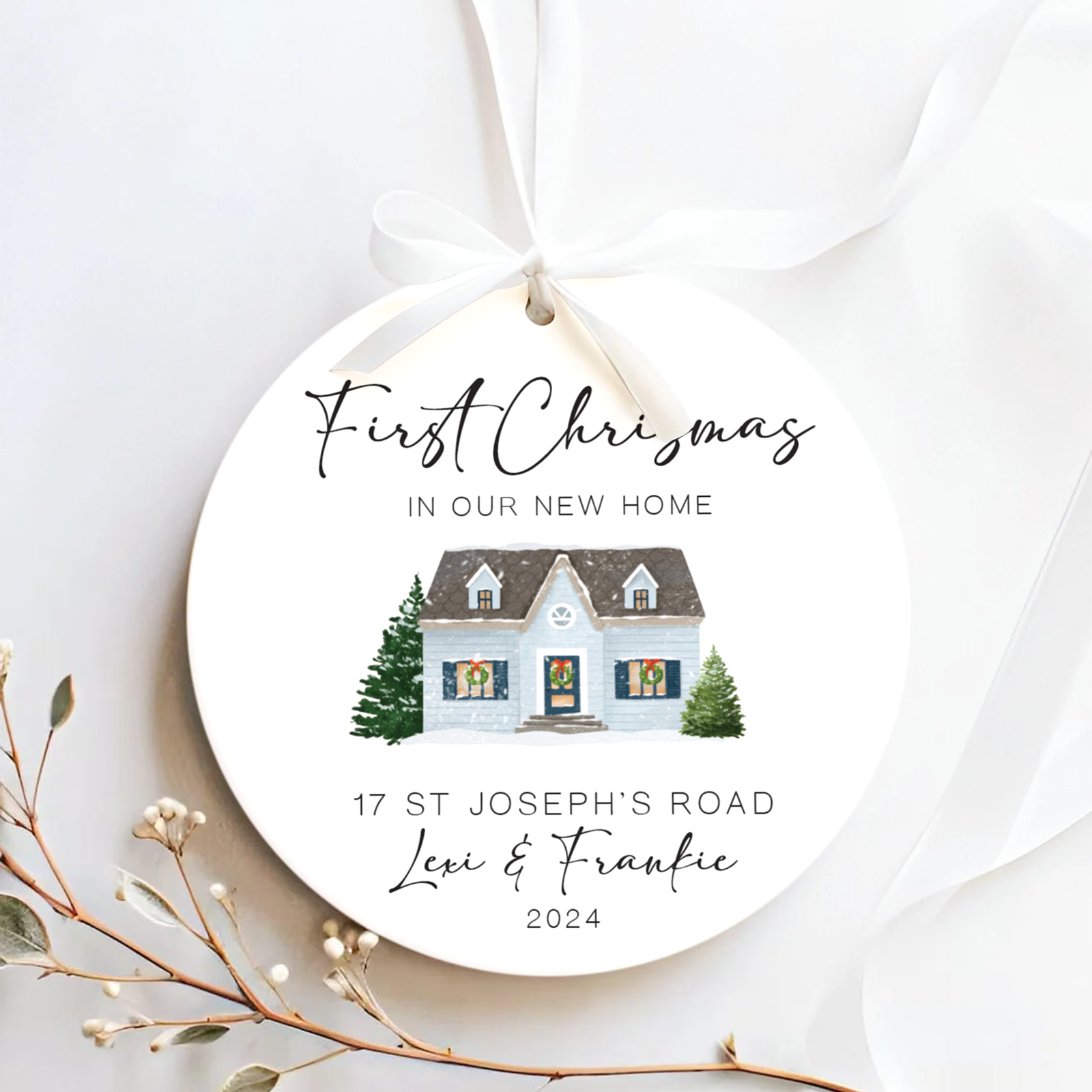 New Home Ornament, Christmas Wreath Ornament, Ceramic New Home Ornament, Personalized First Christmas New Home Ornament, Custom Ceramic Keepsake with Address, Names & Year, 3x3 Inch Christmas Decoration CX02-15 - Kindlytoys