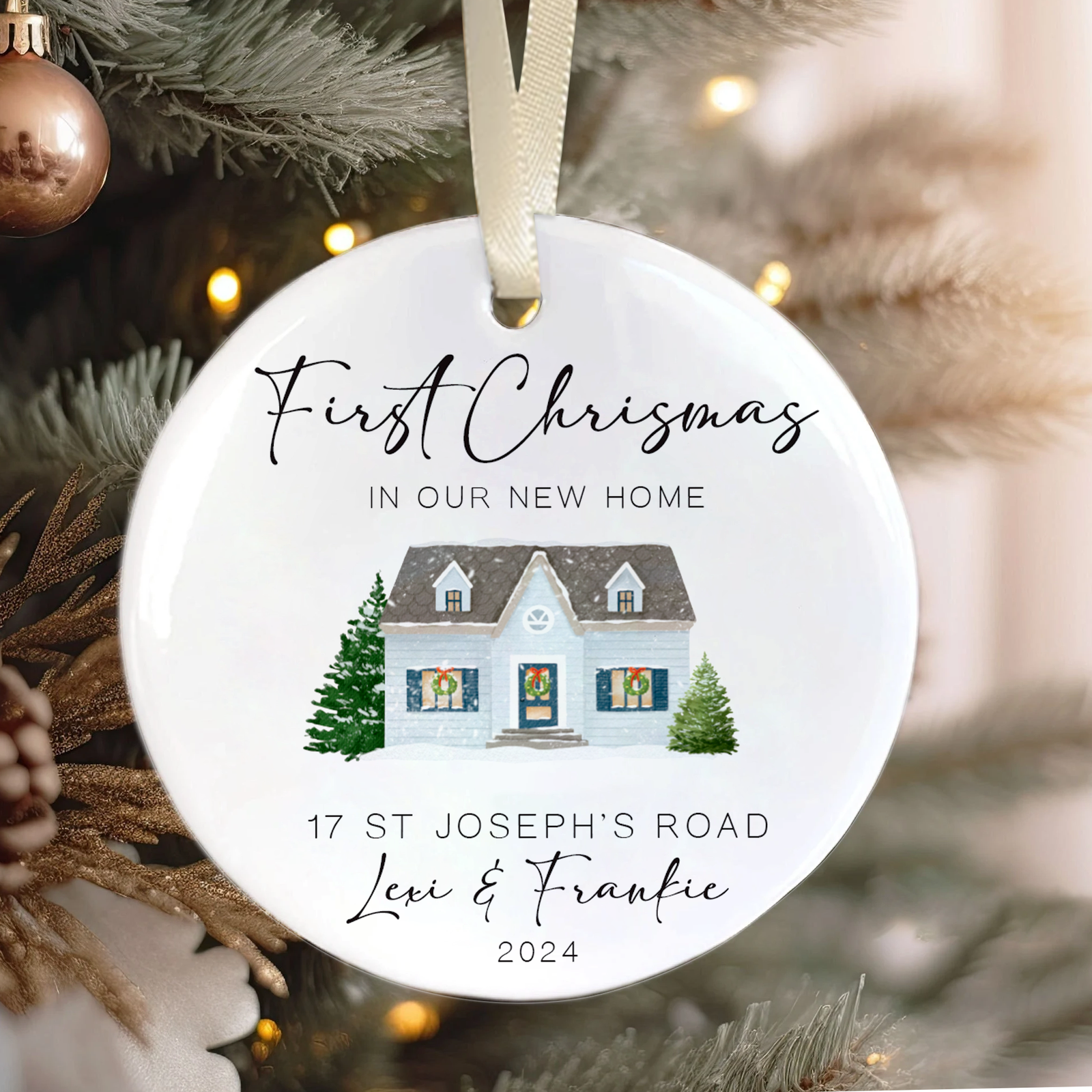 New Home Ornament, Christmas Wreath Ornament, Ceramic New Home Ornament, Personalized First Christmas New Home Ornament, Custom Ceramic Keepsake with Address, Names & Year, 3x3 Inch Christmas Decoration CX02-15 - Kindlytoys