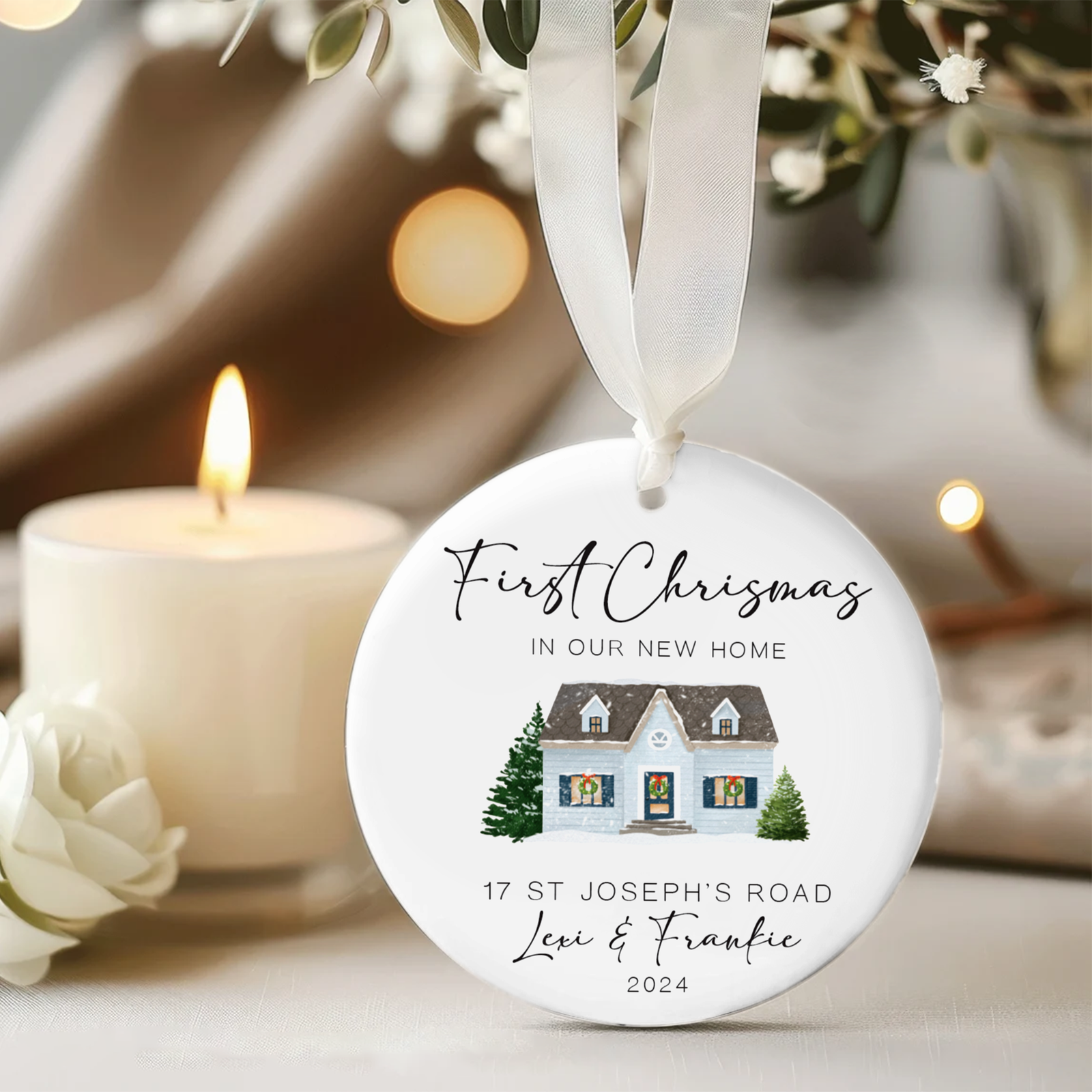 New Home Ornament, Christmas Wreath Ornament, Ceramic New Home Ornament, Personalized First Christmas New Home Ornament, Custom Ceramic Keepsake with Address, Names & Year, 3x3 Inch Christmas Decoration CX02-15 - Kindlytoys