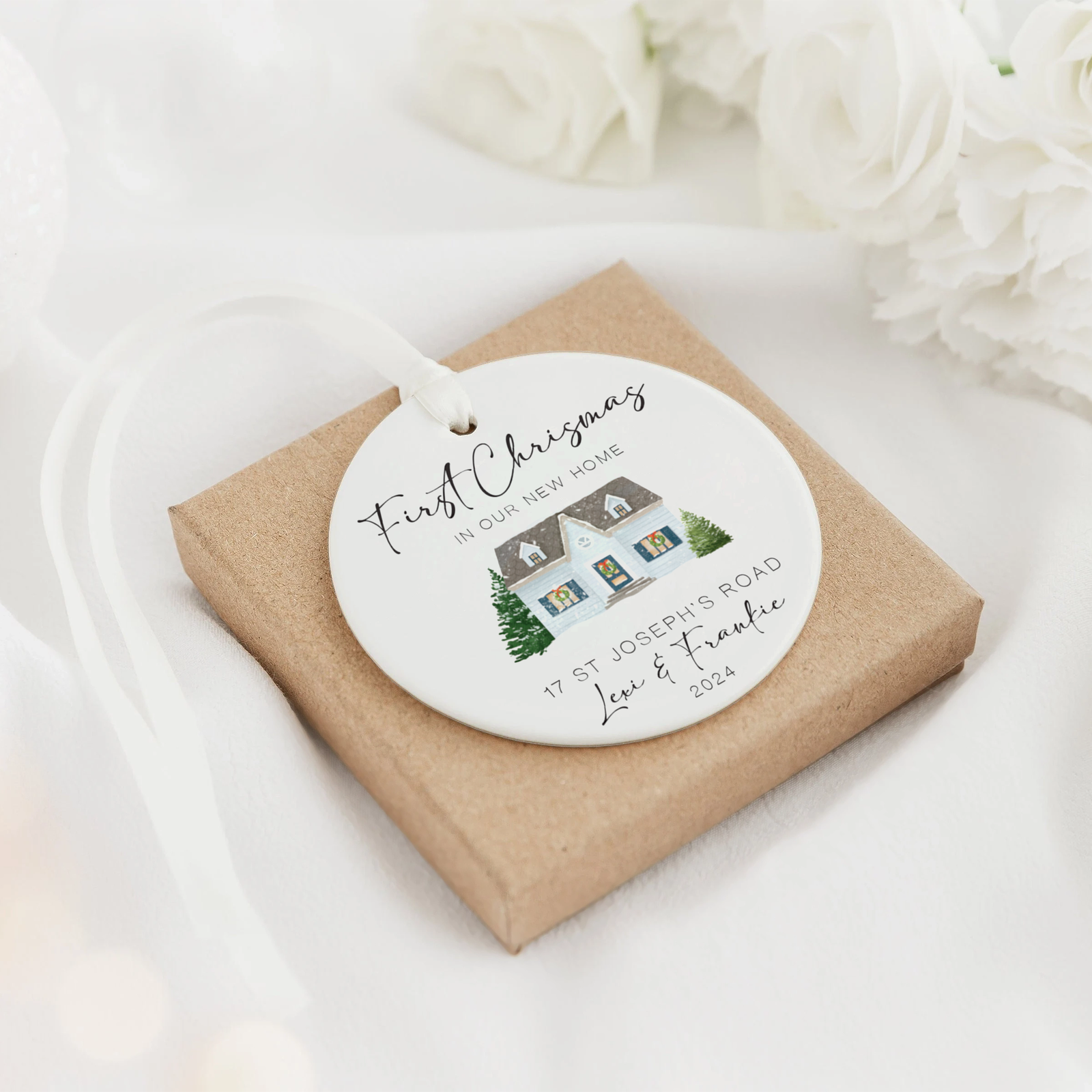 New Home Ornament, Christmas Wreath Ornament, Ceramic New Home Ornament, Personalized First Christmas New Home Ornament, Custom Ceramic Keepsake with Address, Names & Year, 3x3 Inch Christmas Decoration CX02-15 - Kindlytoys