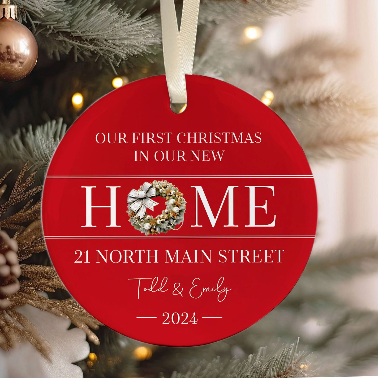 New Home Ornament, Christmas Wreath Ornament, Ceramic New Home Ornament, Personalized First Christmas New Home Ornament, Custom Ceramic Keepsake with Address, Names & Year, 3x3 Inch Christmas Decoration CX02-7 - Kindlytoys