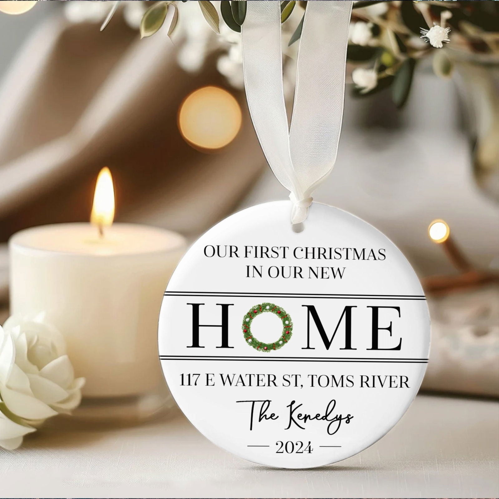 New Home Ornament, Christmas Wreath Ornament, Ceramic New Home Ornament, Personalized First Christmas New Home Ornament, Custom Ceramic Keepsake with Address, Names & Year, 3x3 Inch Christmas Decoration CX02-6 - Kindlytoys