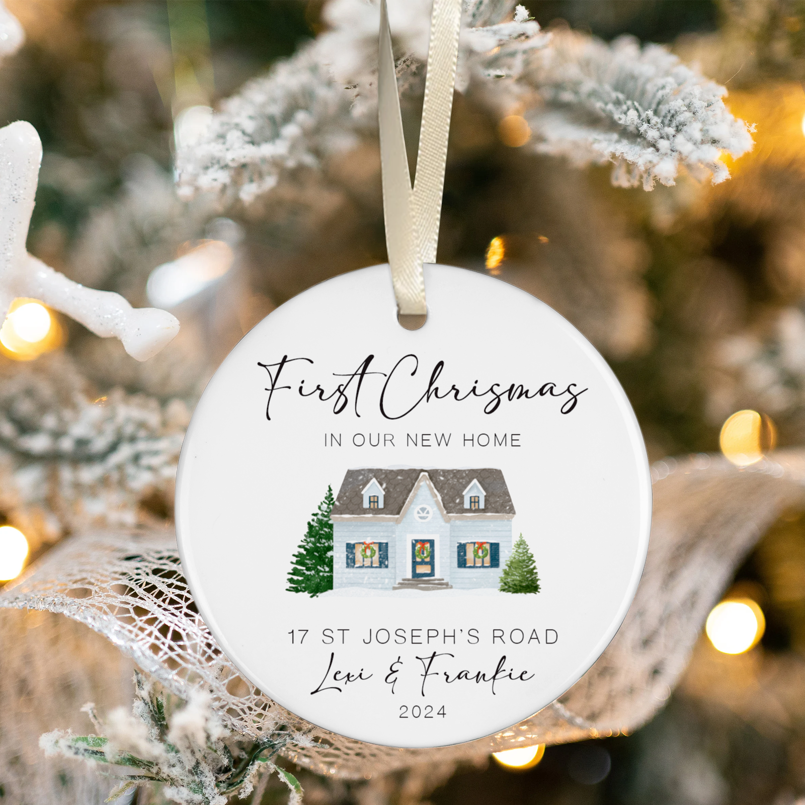 New Home Ornament, Christmas Wreath Ornament, Ceramic New Home Ornament, Personalized First Christmas New Home Ornament, Custom Ceramic Keepsake with Address, Names & Year, 3x3 Inch Christmas Decoration CX02-15 - Kindlytoys